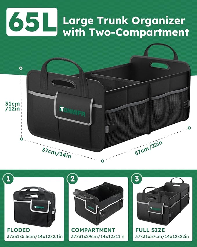 2-Compartment Trunk Organizer & Multi-Compartment Storage Box 600D Waterproof Oxford, with Reflective Strips and 8 Side Mesh
