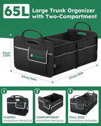 2-Compartment Trunk Organizer & Multi-Compartment Storage Box 600D Waterproof Oxford, with Reflective Strips and 8 Side Mesh