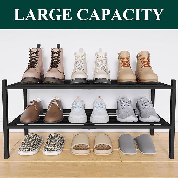 Smiry Bamboo Shoe Rack 2-Tier, Stackable Wooden Shoe Organizer for Entryway & Closet, Free Standing Wood Shoe Storage Shelf f