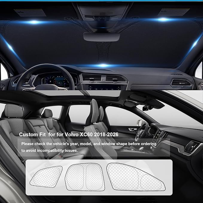 KMF 8pcs Thicken Sun Shades for Volvo XC60 2018-2025 2026 Accessories, Full Car Window Covers Sunshade for Windshield Side Rear, UV Block and Blackout Protect Privacy for Car Camping Outdoor