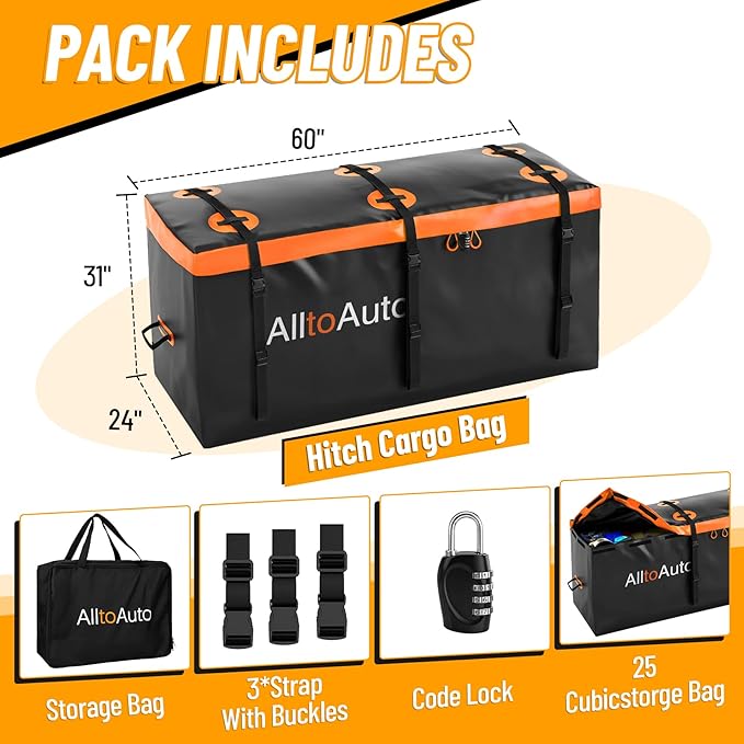 25 CuFt Waterproof Cargo Bag for Hitch Carrier | 60"x24"x31" Trailer Hitch Cargo Carrier | Weatherproof Truck Bed Storage with Straps, Lock & Carry Case | PVC Vehicle Soft-Shell Carriers