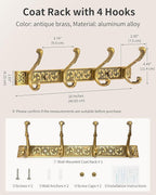 Vintage Coat Rack Wall Mount, Decorative Wall Coat Rack with 4 Hooks for Hanging Key Purse Hat Robe Towel Clothes Unique Hang