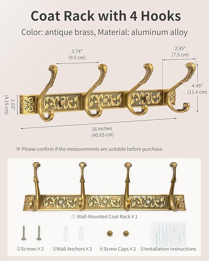 Vintage Coat Rack Wall Mount, Decorative Wall Coat Rack with 4 Hooks for Hanging Key Purse Hat Robe Towel Clothes Unique Hang
