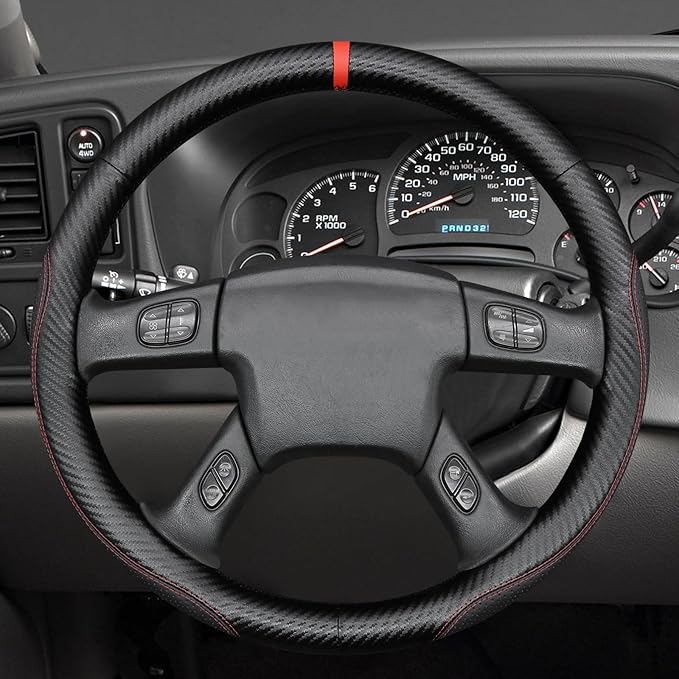 MEWANT Hand Stitch Steering Wheel Cover for 2003-2006 Chevy Silverado 1500 2500 3500 2007 Silverado Classic 2002-2009 Trailblazer Matte PU Carbon Fiber Microfiber Leather Steering Wheel Wrap