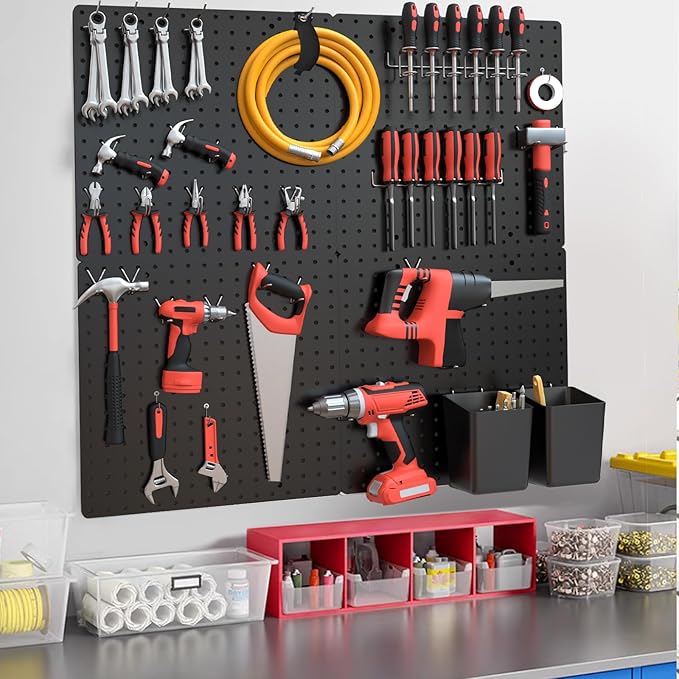 FZK Peg Board, Black Pegboard 4pcs and 46 Pegboard Hooks with Strong Ribs Back Holds up for 200Ib, Peg Board Organizer for Wa