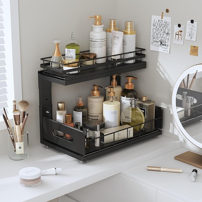 Under Sink Organizer Upgrade To Professional Rails,2-Tier Dual Pull Out Cabinet Storage,Height Adjustable Slide Out Drawers F