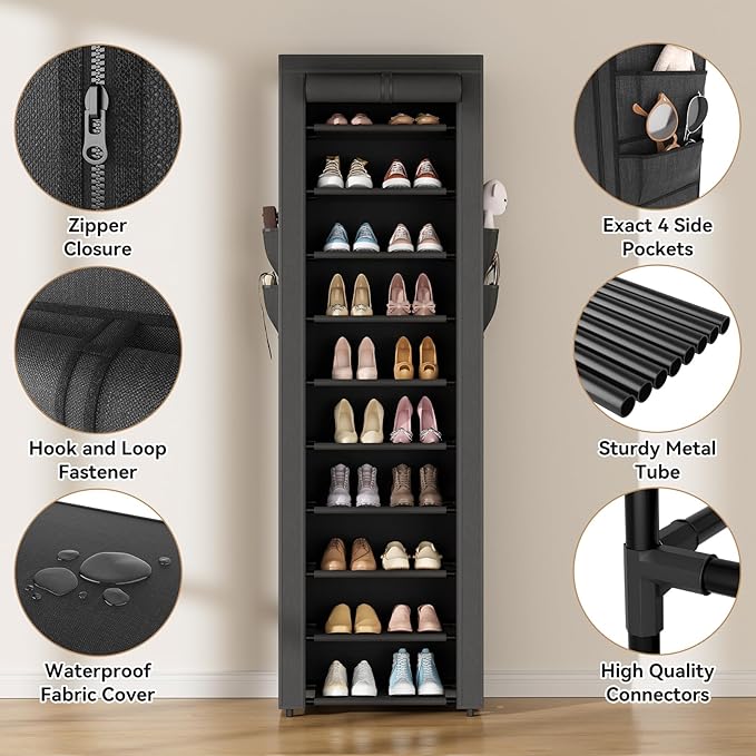ROJASOP Shoe Rack with Covers 10 Tier Large Shoe Organizer Tall Shoe Closet Storage for 20-22 Pairs Shoe and Boot, Free Stand