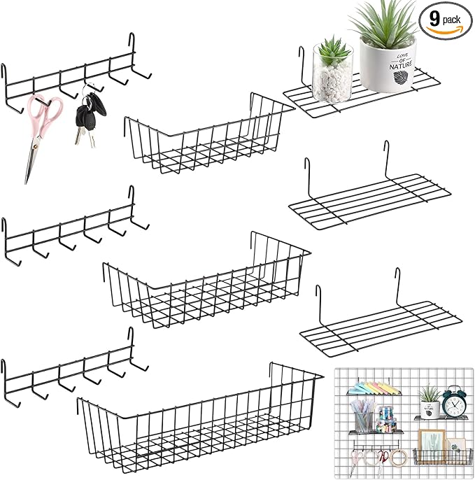 Yaocom 9 Pcs Grid Wall Shelves Gridwall Accessories Wall Grid Panel Hanging Basket with Hooks Set Includes 3 Basket 3 Wire St