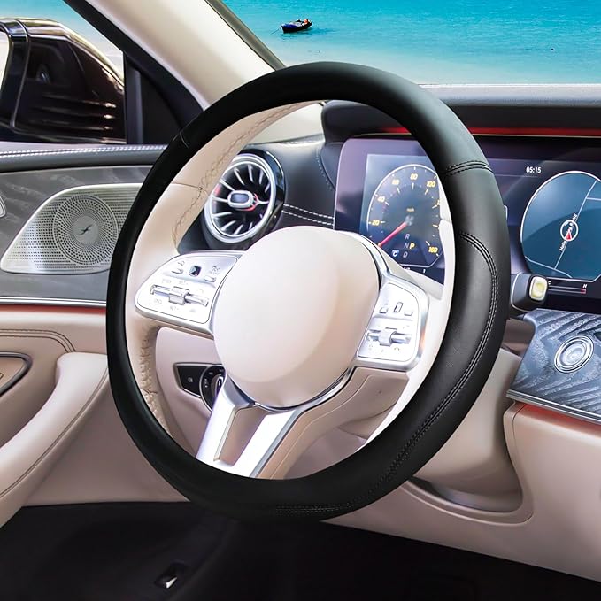 Black Car Steering Wheel Cover, Nappa Leather, Bottom Color Blocking, Fashionable Sporty Style, Universal 14.5-15 Inch Leathe