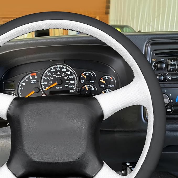 MEWANT Hand Stitch Black White Faux Leather Steering Wheel Cover for Chevy Silverado 1500 Astro Blazer C/K Kodiak S10