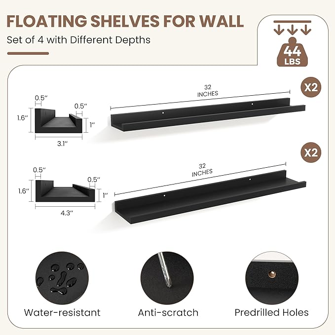 Fun Memories Picture Ledge Shelf, Black Floating Shelves Set of 4, 32 Inch Picture Shelves for Wall with Ledge, Large Nursery
