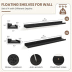 Fun Memories Picture Ledge Shelf, Black Floating Shelves Set of 4, 32 Inch Picture Shelves for Wall with Ledge, Large Nursery