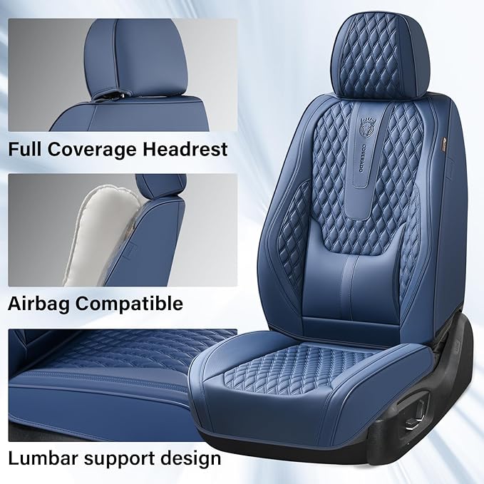 Coverado Car Seat Covers Full Set, Nappa Leather Seat Covers for Car, Waterproof Car Seat Protector with Lumbar Support, Auto