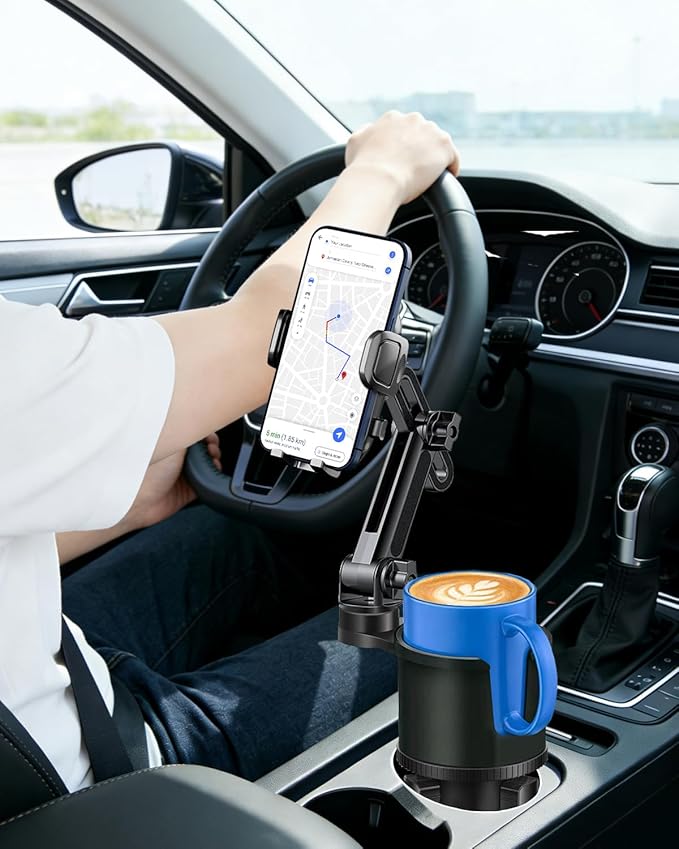 Cup Phone Holder for Car with Expandable Base, 2 in 1 Height-Adjustable Dual Cell Phone Holders Car Cupholder Mount, Friendly Fit Large Bottle & iPhone All Cellphone for Truck SUV | No Shake Design