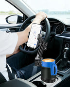 Cup Phone Holder for Car with Expandable Base, 2 in 1 Height-Adjustable Dual Cell Phone Holders Car Cupholder Mount, Friendly Fit Large Bottle & iPhone All Cellphone for Truck SUV | No Shake Design