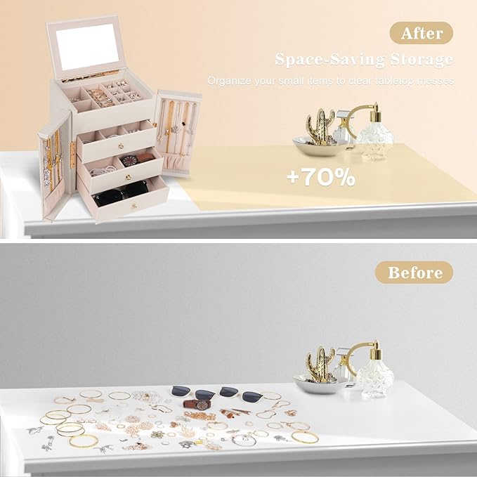 Dajasan Large Jewelry Box Organizer, Jewelry Storage Organizer with 3 Drawers, Huge Jewelry Box with Mirror for Women Girls, 