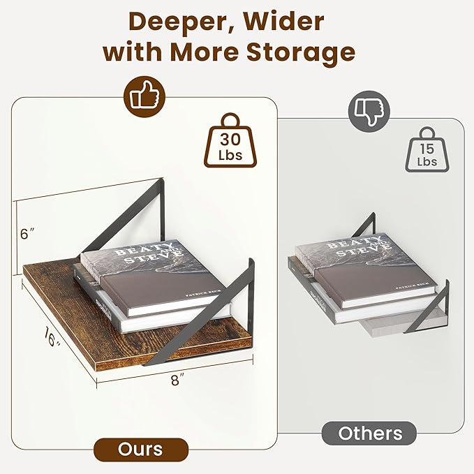 8" Deep Floating Shelves for Wall,16 inch Wood Wall Shelves Set of 2,Wide Floating Bookshelf with Sturdy Metal Brackets,Hangi