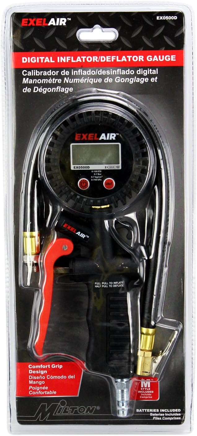 EXELAIR Digital Pistol Grip Tire Inflator Gauge EX0500D, Easy Clip Air Chuck, Easy to Read 0.1 Display, Pistol Grip Handle, 100 PSI Max Pressure, 16" Air Hose, 1/4" NPT (PSI, kPa, Bar, and kg/cm2)