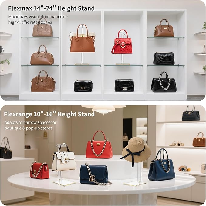 2Pcs Purse Display Stands, Height Adjustable10"-16"+14"-24", Acrylic Handbag Stands for Display, Clear Holder for Purse Eveni