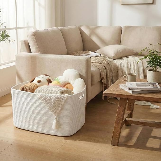 JMvicyroam Woven Blanket Basket,65L Large Storage Bin for Blankets Toys Clothes,Decorative Rope Basket for Living Room Bedroo