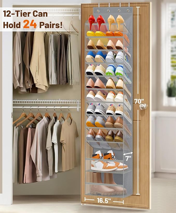 MISSLO 12 Tier Over the Door Shoe Organizer Breathable Mesh Hanging Shoe Rack for Closet Storage Shoe Holder for Door Fit 24 