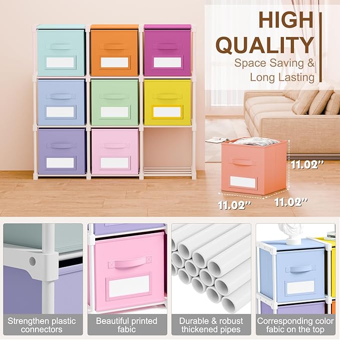 Geelin 9 Cube Toy Storage Organizer with Fabric Bins and Labels, 11 Inch Collapsible Colorful Cubby Storage Drawers Pastel Dr