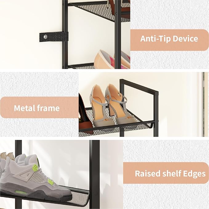 6 Tier Shoe Rack, Tall Metal Shoe Storage with Adjustable Shelves, Holds 12-14 Pairs, Stackable Shoe Stand for Garage Hallway