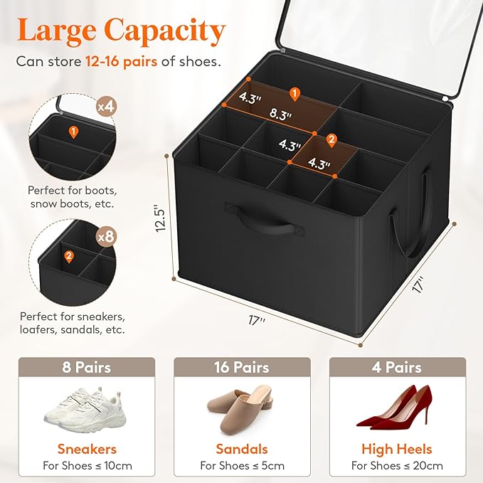 Lifewit Shoe Storage Organizer for Closet, Fabric Large Shoe Box Storage Containers with Clear Cover, Foldable Bins for Boots