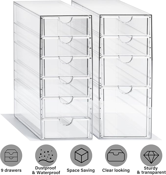 Prsildan Acrylic Drawer Makeup Organizer with 10 Drawers, Set of 2 Office Desk Organizers Accessories, Clear Stackable Storag