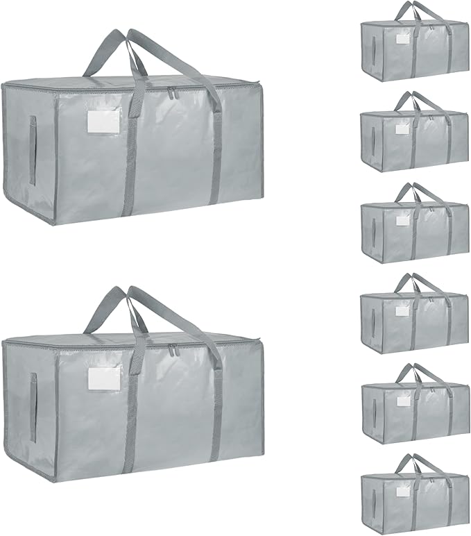 8 Pack-Extra Large Heavy Duty Moving Bags - Waterproof Storage Totes with Handles & Zippers, Foldable for College Dorm, Stora