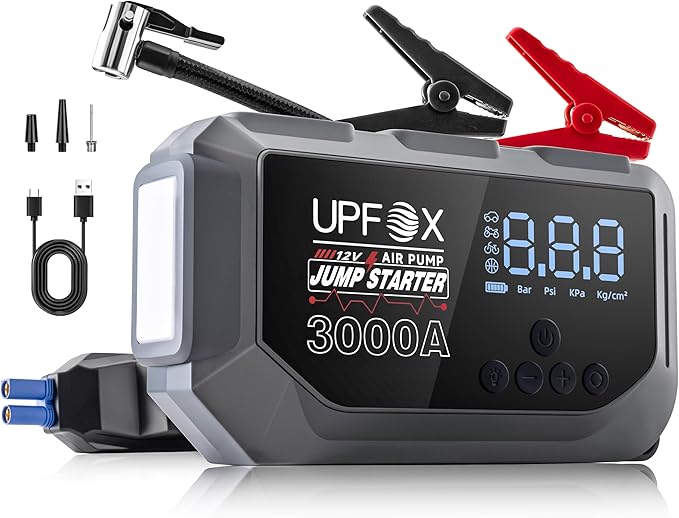 3000A Jump Starter with Air Compressor 12V, 44.4Wh Portable Car Jump Starter for 8.0L Gas & 6.0L Diesel Engines, 150PSI Tire