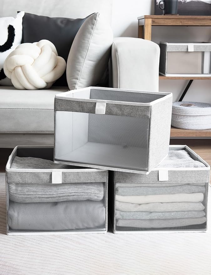 StorageWorks Closet Storage Bins, Large Storage Baskets with Clear Window and Handles, Foldable Fabric Organizer for Clothes,
