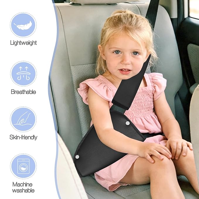 Kids Seat Belt Cover Pads, Universal Seat Belt Adjuster for Kids, HNHUAMING Kid's Shoulder & Belly Protective Padding for Travel, Soft Breathable Car Seat Straps Pads for Children, Black