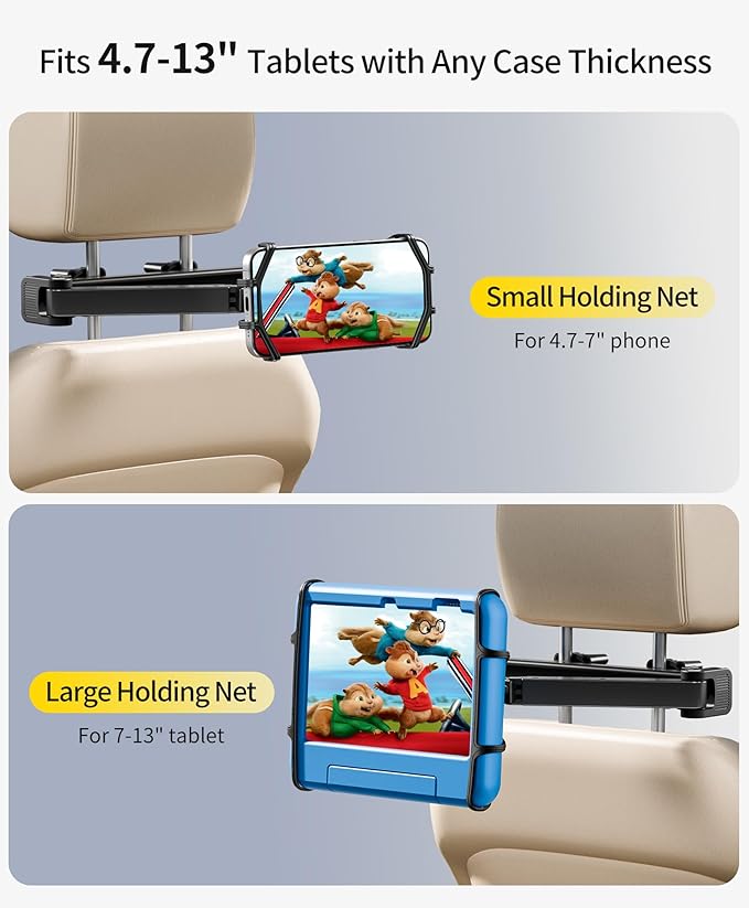 FANGOR Tablet Holder for Car - [3 in 1 Adjustable Extension Arm] Upgraded iPad Holder for car Backseat with Holding Net, Road Trip Essentials for Kids, for 4.7-13" iPad Pro, Air, Mini, Fire HD, Phone