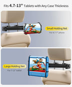 FANGOR Tablet Holder for Car - [3 in 1 Adjustable Extension Arm] Upgraded iPad Holder for car Backseat with Holding Net, Road Trip Essentials for Kids, for 4.7-13" iPad Pro, Air, Mini, Fire HD, Phone