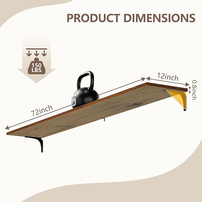 12 Inch Deep Floating Shelves Set of 2, 72 Inch Extra Wide Vintage Walnut Solid Wood Wall Shelves, 6ft Heavy Duty Farmhouse W