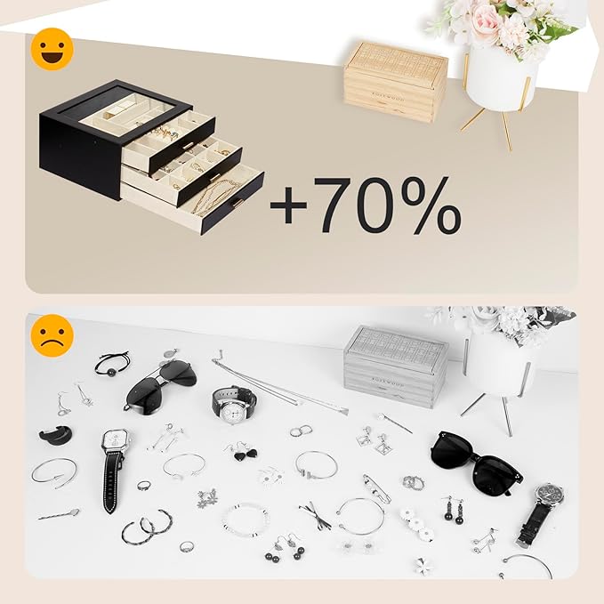 Jewelry Box with Glass Lid, 3-Layer Jewelry Organizer for Women Girls, PU Leather Display Case with 20-Grid Earring Tray & Mo