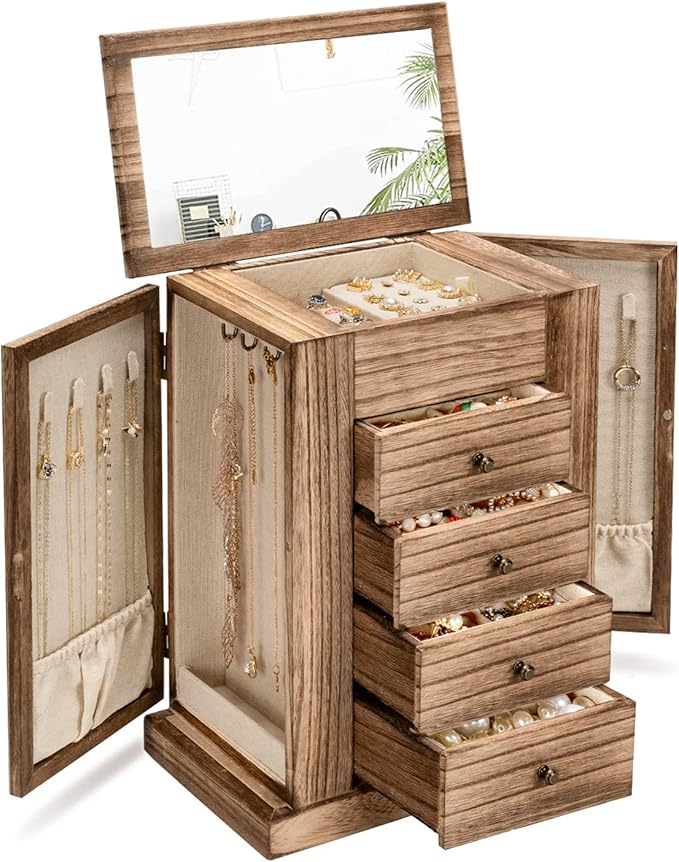 Emfogo Jewelry Box for Women, 5 Layer Large Wood Boxes & Organizers for Necklaces Earrings Rings Bracelets, Rustic Organizer 