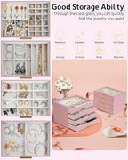 AKOZLIN Jewelry Box with Clear Lid Functional Leather Jewelry Storage Organizer Case 4 Drawers for Women Girls Necklace Ring 
