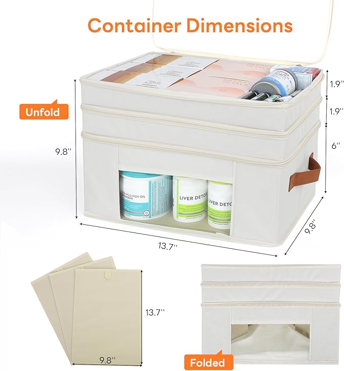 3-Tier Medicine Organizer for Cabinet, Foldable Medicine Storage Box with Clear Cover and Leather Handle, Empty First Aid Kit