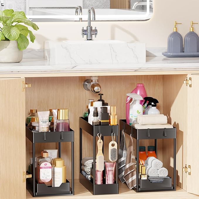 Simple Trending 3 Pack Under Sink Organizer, Pull-Out Cabinet Organizer Drawer, 2 Tier Multi-Purpose Slide Out Storage Shelf 