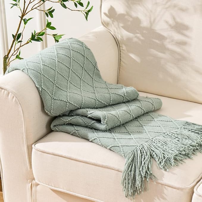 BATTILO HOME Sage Green Throw Blanket for Couch, Boho Bed Throws for Home Decor, Light Blue Throw Blanket for Sofa Living Roo