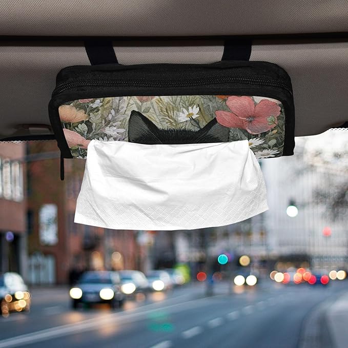 Car Tissue Holder Car Visor Organizer Tissue Box Holder for Car Sun Visor Organizer with Car Vehicle Accessories Essentials Interior for Women Men Black Cat Poppy Daisy