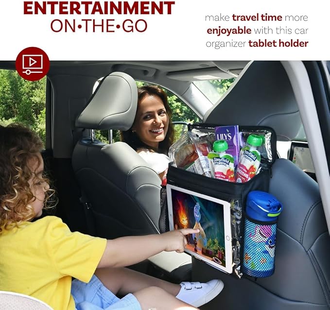 lebogner Insulated Car Seat Back Organizer + iPad And Tablet Holder, Auto Driver Or Passenger Accessories Organizer, Vehicle Front Seat Caddy, Personal Travel Cooler Storage Bag For Adults & Kids