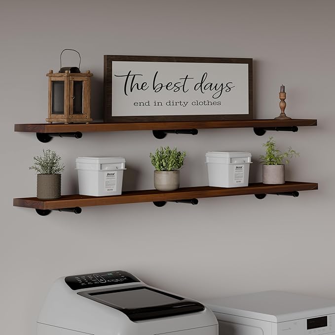 Industrial Pipe Wall Shelves - 60"" Warm Walnut Solid Wood, 12"" Deep Floating Shelving for Farmhouse Rustic Decor, Sturdy St