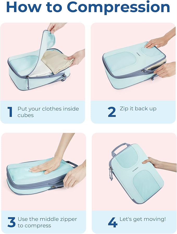 BAGSMART Compression Packing Cubes, 6 Set Packing Cubes for Suitcases, Lightweight Suitcases Organizers Bag Set & Compression