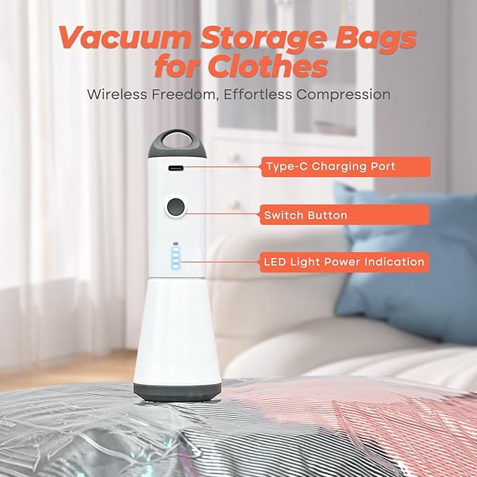 Vacbird Travel Vacuum Seal Bags, 8 Pack 34" Vacuum Storage Bags with Rechargeable Cordless Pump Compression Packing for Cloth