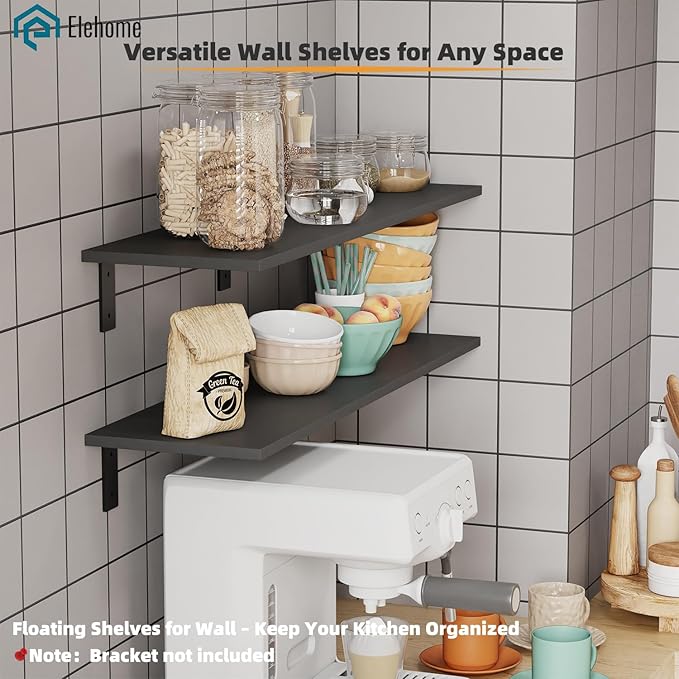 Floating Shelf Board for Wall 5/8" – No Brackets – 24" L x 8" W x 0.6" T Black Melamine Wood Floating Shelves for Bathroom, K