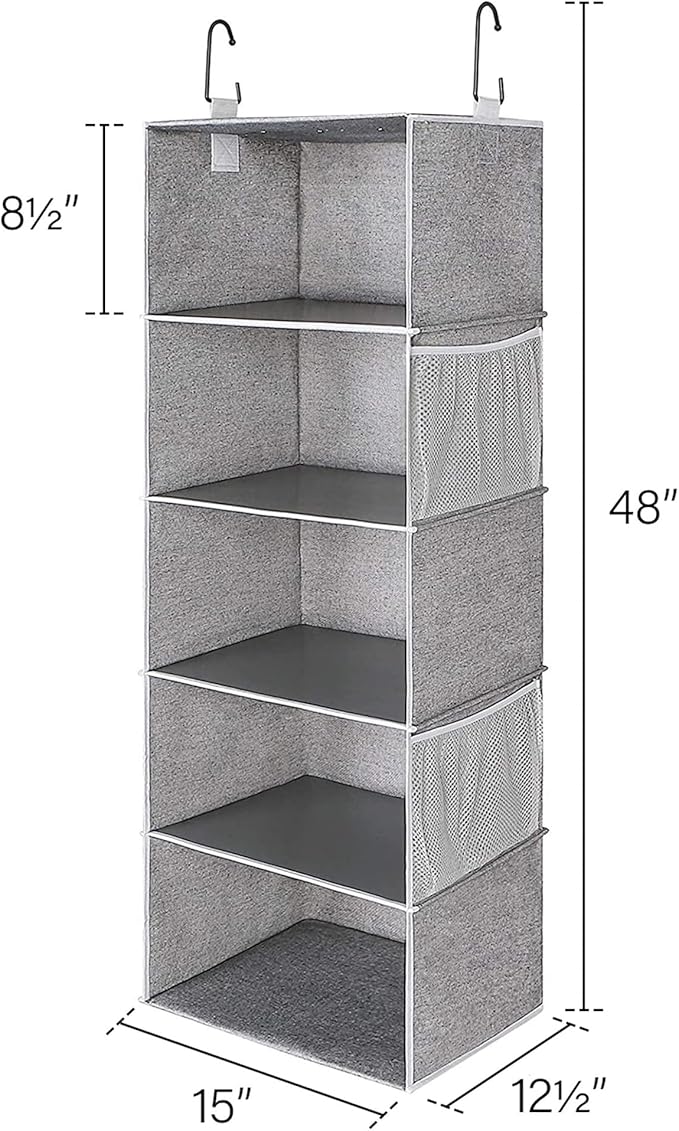 StorageWorks 5-Shelf Hanging Shelves for Closet, Foldable Hanging Closet Organizers with 2 Side Pockets, Portable Clothes Org