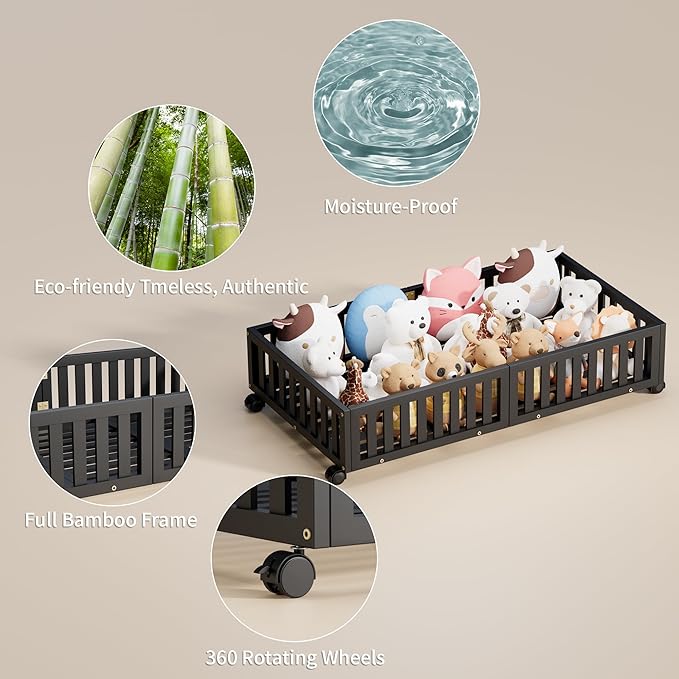 Bamboo Under Bed Storage with Wheels,Rolling Underbed Shoe Organizer Box for Shoes,Blankets,Toys,Clothes Container Space-Savi